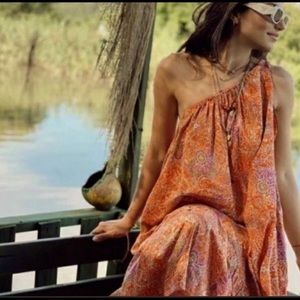 Zara Orange one shoulder Asymmetric Maxi Dress M